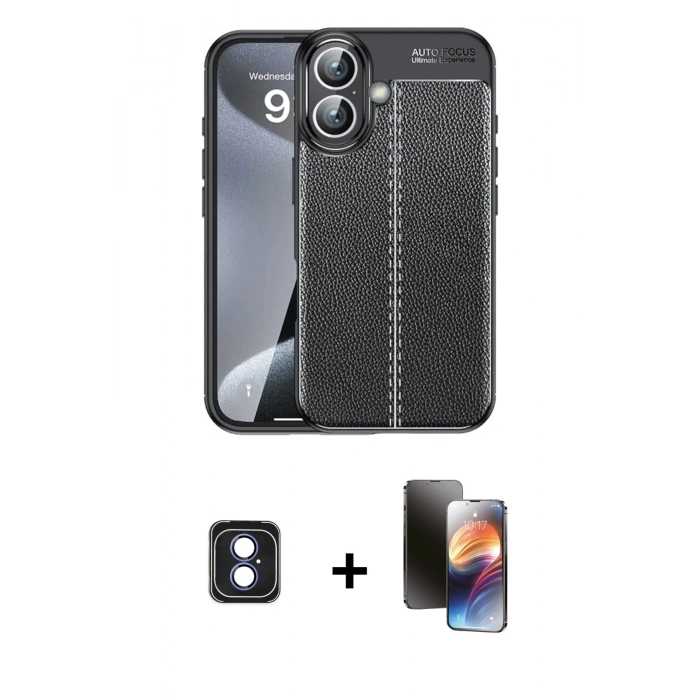 MARSİLYAN™- iPhone 16 Kılıf Doruk Klasik Özel Seri - Siyah 3D Antistatik Mat Seramik Nano Ekran Koruyucu + PVD Metal Kamera Lens - MI