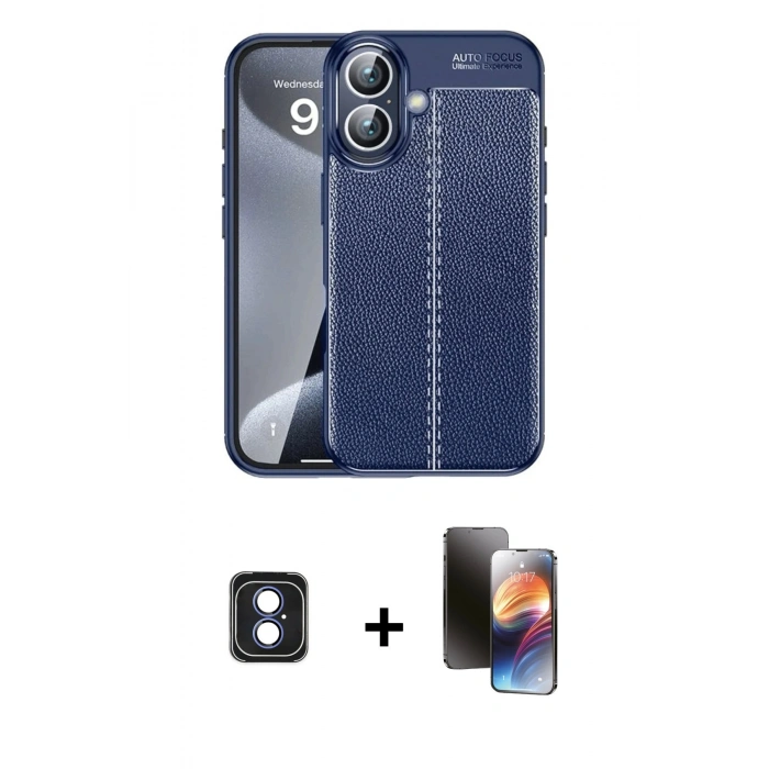 MARSİLYAN™- iPhone 16 Kılıf Doruk Klasik Özel Seri - Siyah 3D Antistatik Mat Seramik Nano Ekran Koruyucu + PVD Metal Kamera Lens - MI