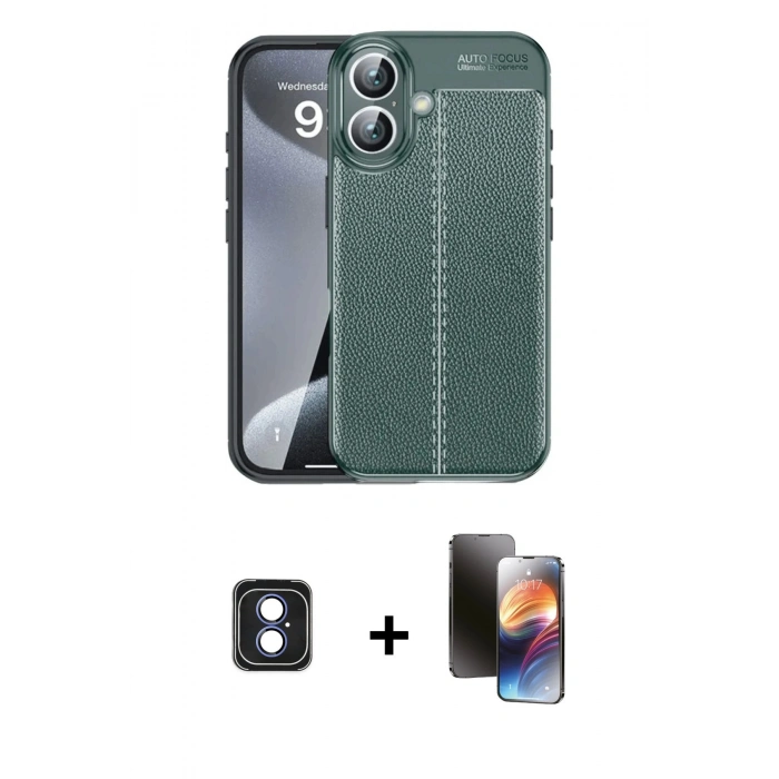 MARSİLYAN™- iPhone 16 Kılıf Doruk Klasik Özel Seri - Siyah 3D Antistatik Mat Seramik Nano Ekran Koruyucu + PVD Metal Kamera Lens - MI