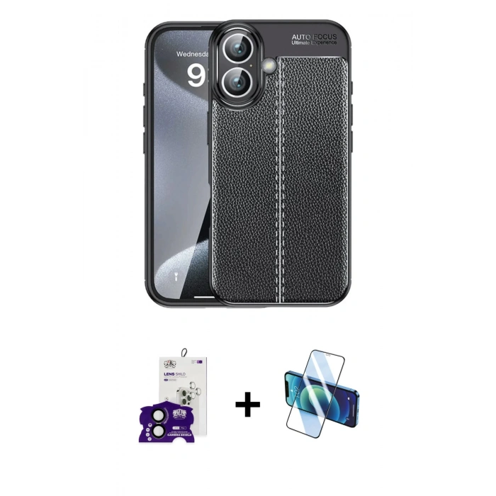 MARSİLYAN™- iPhone 16 Kılıf Doruk Klasik Özel Seri - Siyah 3D Antistatik Seramik Nano Ekran Koruyucu + Bilvis Titan Kamera Lens - SH