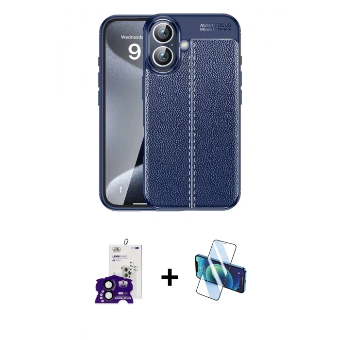 MARSİLYAN™- iPhone 16 Kılıf Doruk Klasik Özel Seri - Siyah 3D Antistatik Seramik Nano Ekran Koruyucu + Bilvis Titan Kamera Lens - SH
