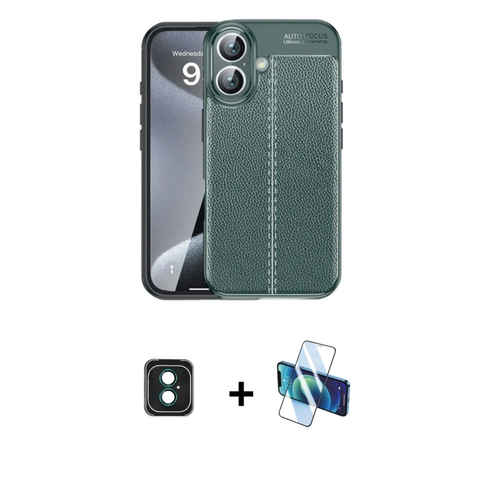 MARSİLYAN™- iPhone 16 Kılıf Doruk Klasik Özel Seri - Siyah 3D Antistatik Seramik Nano Ekran Koruyucu + PVD Metal Kamera Lens - YL