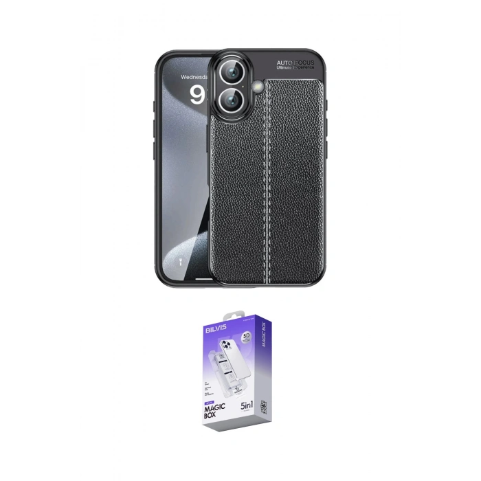 MARSİLYAN™- iPhone 16 Kılıf Doruk Klasik Özel Seri - Siyah Bilvis 5in1 3D Magic Cam Ekran Koruyucu