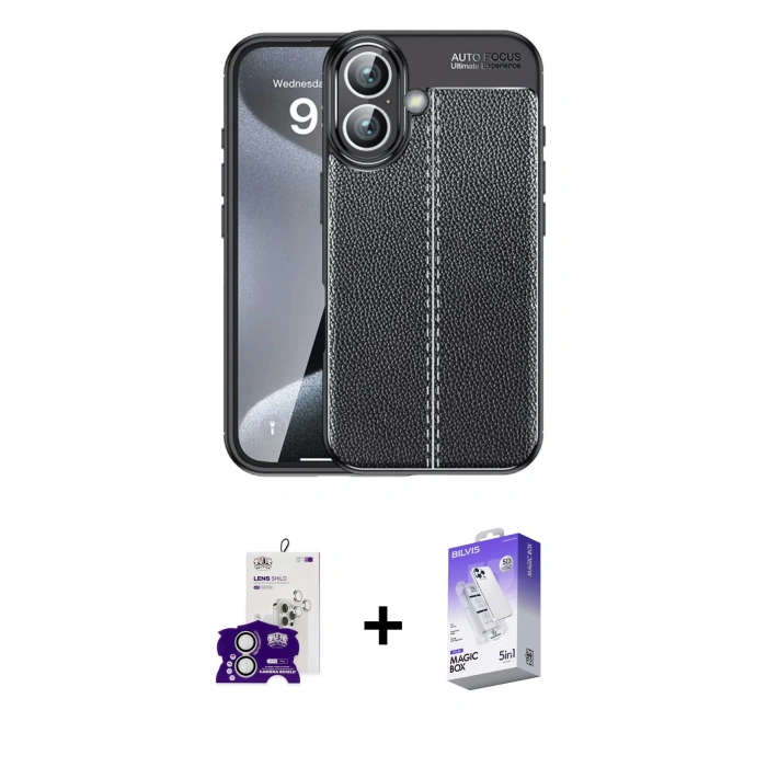 MARSİLYAN™- iPhone 16 Kılıf Doruk Klasik Özel Seri - Siyah Bilvis 5in1 3D Magic Cam Ekran Koruyucu + Bilvis Titan Kamera Lens - GS