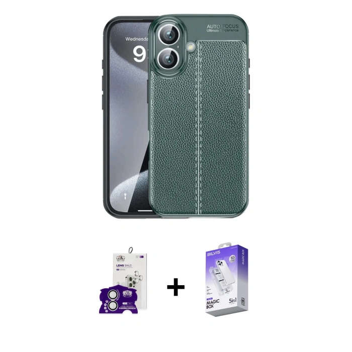 MARSİLYAN™- iPhone 16 Kılıf Doruk Klasik Özel Seri - Siyah Bilvis 5in1 3D Magic Cam Ekran Koruyucu + Bilvis Titan Kamera Lens - GS