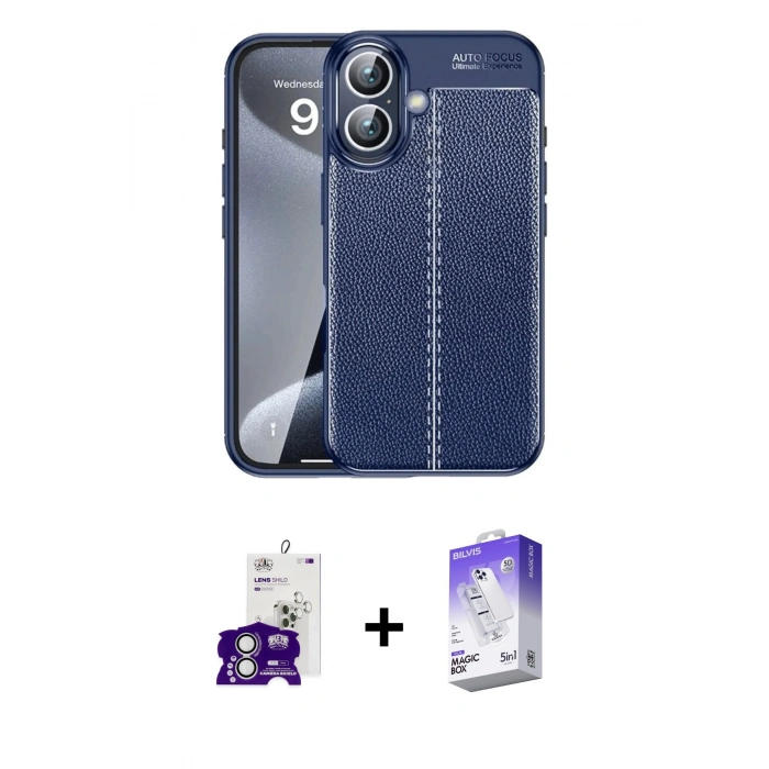 MARSİLYAN™- iPhone 16 Kılıf Doruk Klasik Özel Seri - Siyah Bilvis 5in1 3D Magic Cam Ekran Koruyucu + Bilvis Titan Kamera Lens - GS