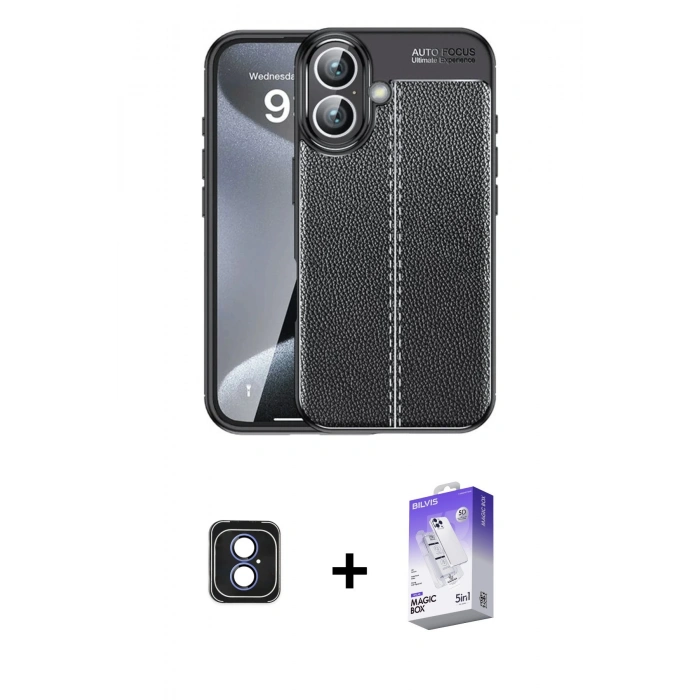 MARSİLYAN™- iPhone 16 Kılıf Doruk Klasik Özel Seri - Siyah Bilvis 5in1 3D Magic Cam Ekran Koruyucu + PVD Metal Kamera Lens - MI