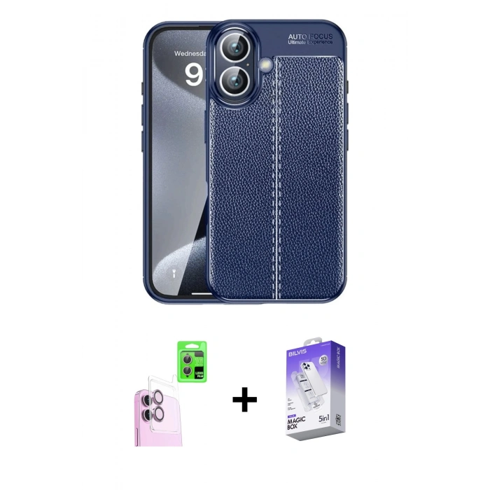 MARSİLYAN™- iPhone 16 Kılıf Doruk Klasik Özel Seri - Siyah Bilvis 5in1 3D Magic Cam Ekran Koruyucu + Raze Metal Kamera Lens - PE