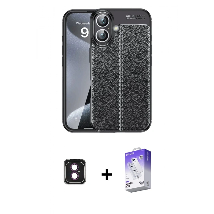 MARSİLYAN™- iPhone 16 Kılıf Doruk Klasik Özel Seri - Siyah Bilvis 5in1 3D Magic Cam Ekran Koruyucu + PVD Metal Kamera Lens - PE