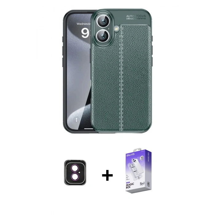MARSİLYAN™- iPhone 16 Kılıf Doruk Klasik Özel Seri - Siyah Bilvis 5in1 3D Magic Cam Ekran Koruyucu + PVD Metal Kamera Lens - PE