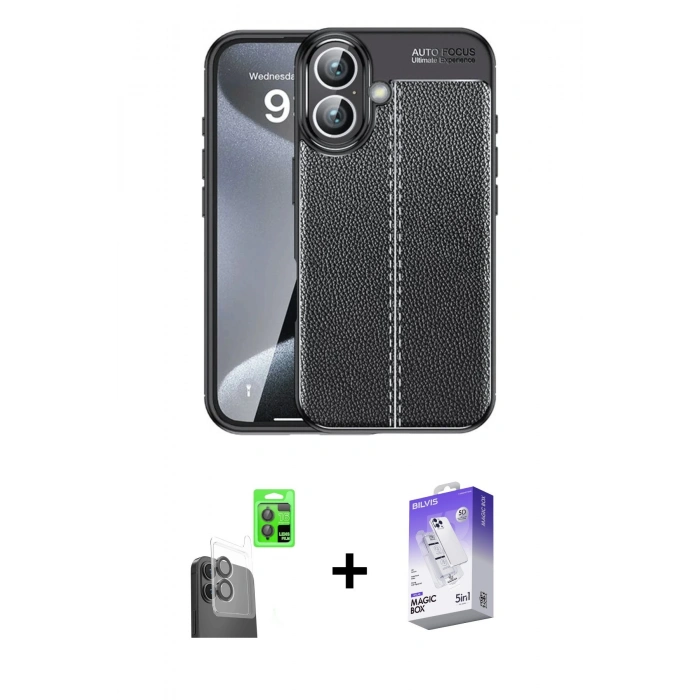 MARSİLYAN™- iPhone 16 Kılıf Doruk Klasik Özel Seri - Siyah Bilvis 5in1 3D Magic Cam Ekran Koruyucu + Raze Metal Kamera Lens - SH