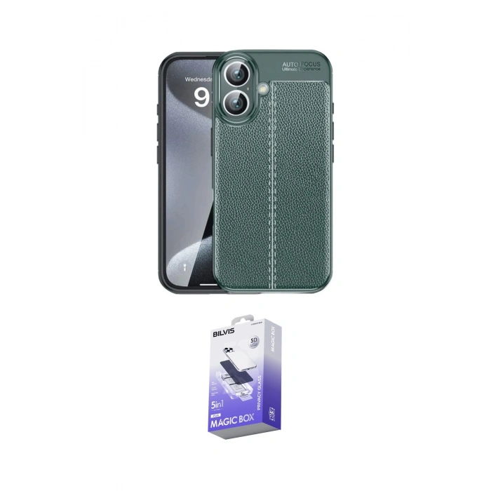 MARSİLYAN™- iPhone 16 Kılıf Doruk Klasik Özel Seri - Siyah Bilvis 5in1 5D Magic Hayalet Cam Ekran Koruyucu