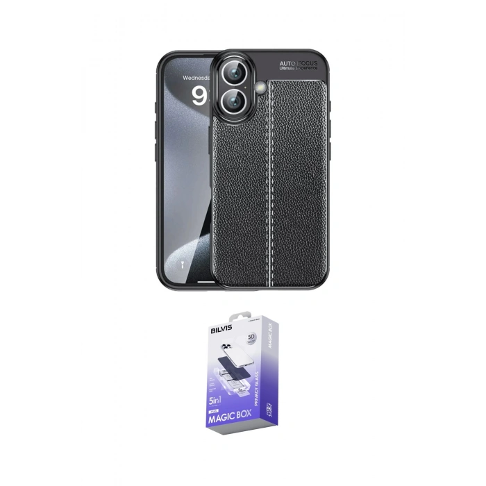 MARSİLYAN™- iPhone 16 Kılıf Doruk Klasik Özel Seri - Siyah Bilvis 5in1 5D Magic Hayalet Cam Ekran Koruyucu
