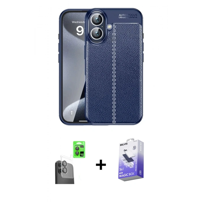 MARSİLYAN™- iPhone 16 Kılıf Doruk Klasik Özel Seri - Siyah Bilvis 5in1 5D Magic Hayalet Cam Ekran Koruyucu + Raze Metal Kamera Lens - SH