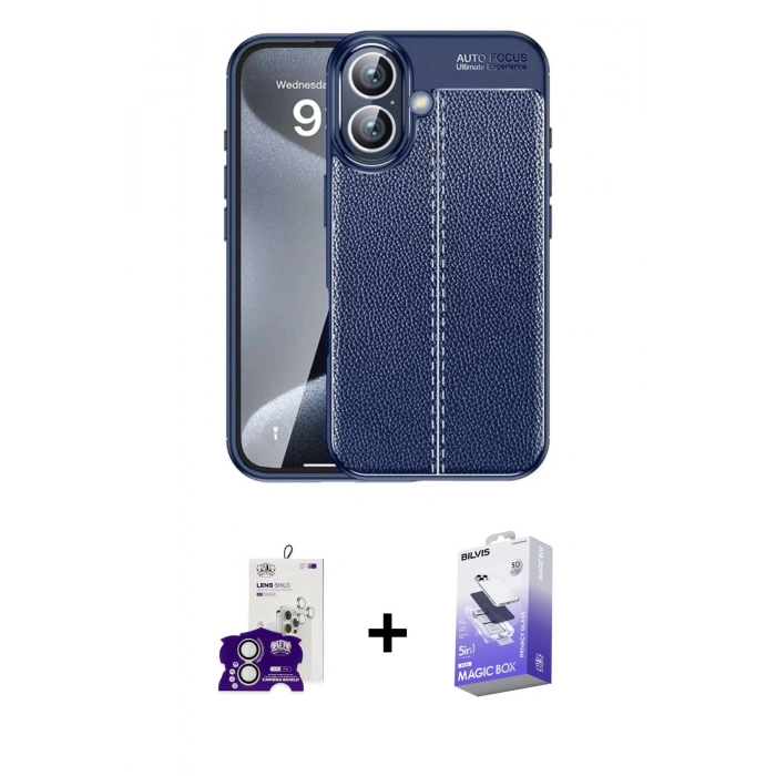 MARSİLYAN™- iPhone 16 Kılıf Doruk Klasik Özel Seri - Siyah Bilvis 5in1 5D Magic Hayalet Cam Ekran Koruyucu + Bilvis Titan Kamera Lens - GS