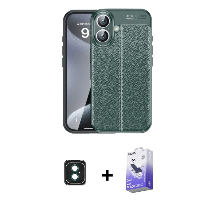 MARSİLYAN™- iPhone 16 Kılıf Doruk Klasik Özel Seri - Siyah Bilvis 5in1 5D Magic Hayalet Cam Ekran Koruyucu + PVD Metal Kamera Lens - YL