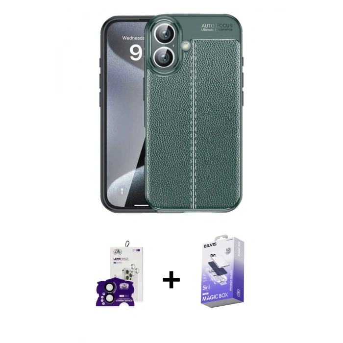 MARSİLYAN™- iPhone 16 Kılıf Doruk Klasik Özel Seri - Siyah Bilvis 5in1 5D Magic Hayalet Cam Ekran Koruyucu + Bilvis Titan Kamera Lens - SH