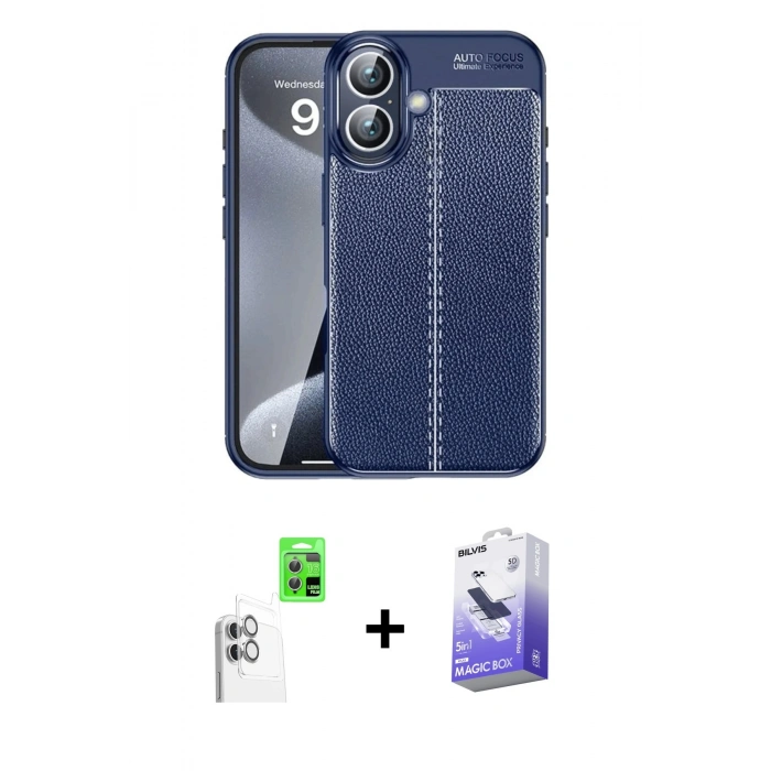 MARSİLYAN™- iPhone 16 Kılıf Doruk Klasik Özel Seri - Siyah Bilvis 5in1 5D Magic Hayalet Cam Ekran Koruyucu + Raze Metal Kamera Lens - BZ
