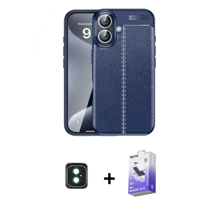 MARSİLYAN™- iPhone 16 Kılıf Doruk Klasik Özel Seri - Siyah Bilvis 5in1 5D Magic Hayalet Cam Ekran Koruyucu + PVD Metal Kamera Lens - YL