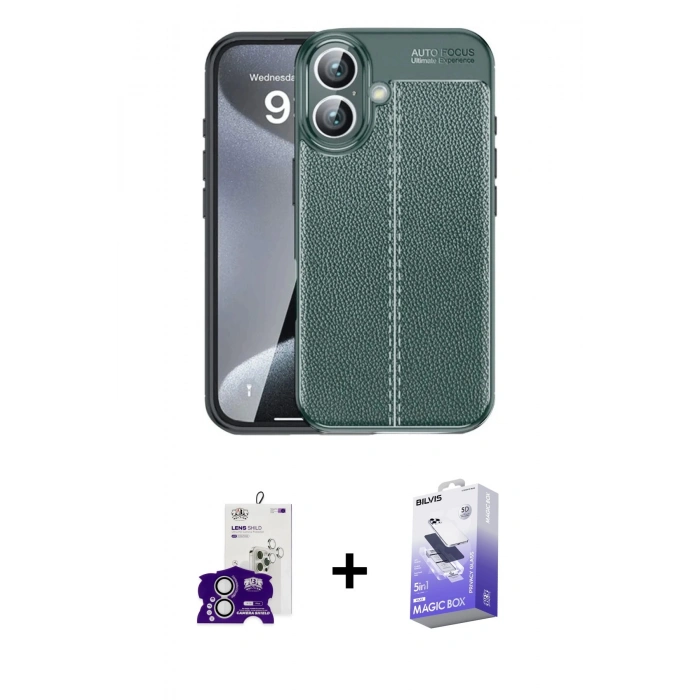 MARSİLYAN™- iPhone 16 Kılıf Doruk Klasik Özel Seri - Siyah Bilvis 5in1 5D Magic Hayalet Cam Ekran Koruyucu + Bilvis Titan Kamera Lens - GS