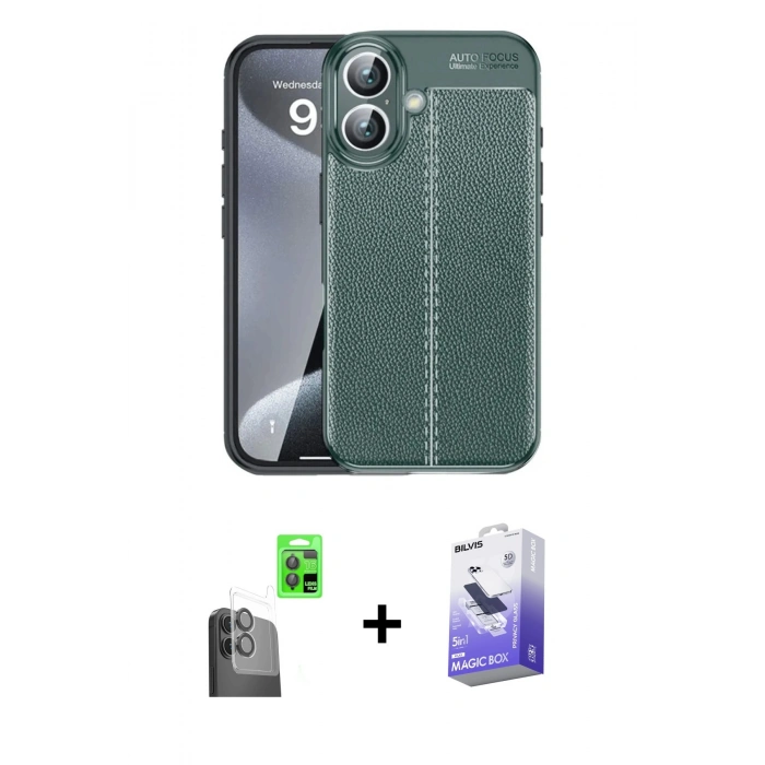 MARSİLYAN™- iPhone 16 Kılıf Doruk Klasik Özel Seri - Siyah Bilvis 5in1 5D Magic Hayalet Cam Ekran Koruyucu + Raze Metal Kamera Lens - SH