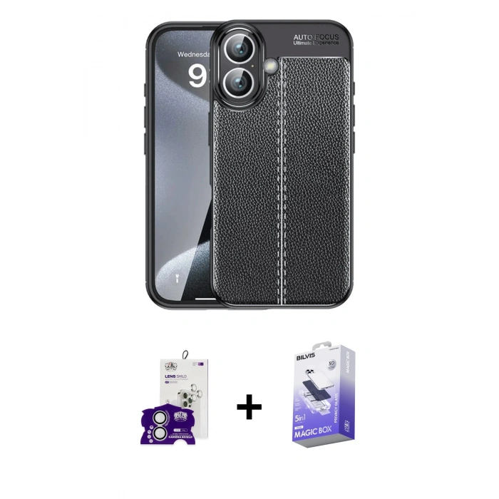 MARSİLYAN™- iPhone 16 Kılıf Doruk Klasik Özel Seri - Siyah Bilvis 5in1 5D Magic Hayalet Cam Ekran Koruyucu + Bilvis Titan Kamera Lens - GS
