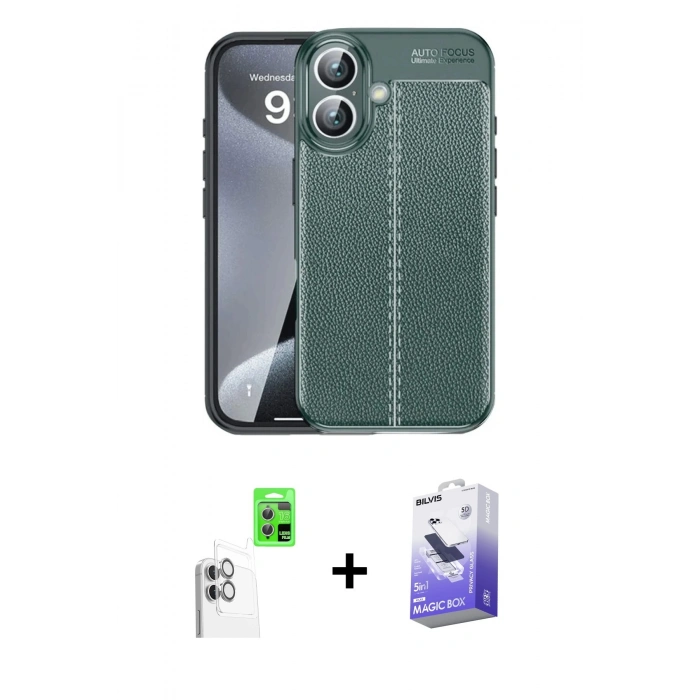 MARSİLYAN™- iPhone 16 Kılıf Doruk Klasik Özel Seri - Siyah Bilvis 5in1 5D Magic Hayalet Cam Ekran Koruyucu + Raze Metal Kamera Lens - BZ