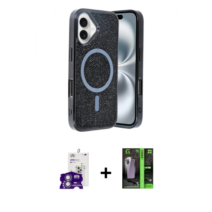 MARSİLYAN™- iPhone 16 Kılıf Eksen Çizgi - Şeffaf 360 Full Body Arka Koruyucu + Gümüş Bilvis Titan Kamera Lens