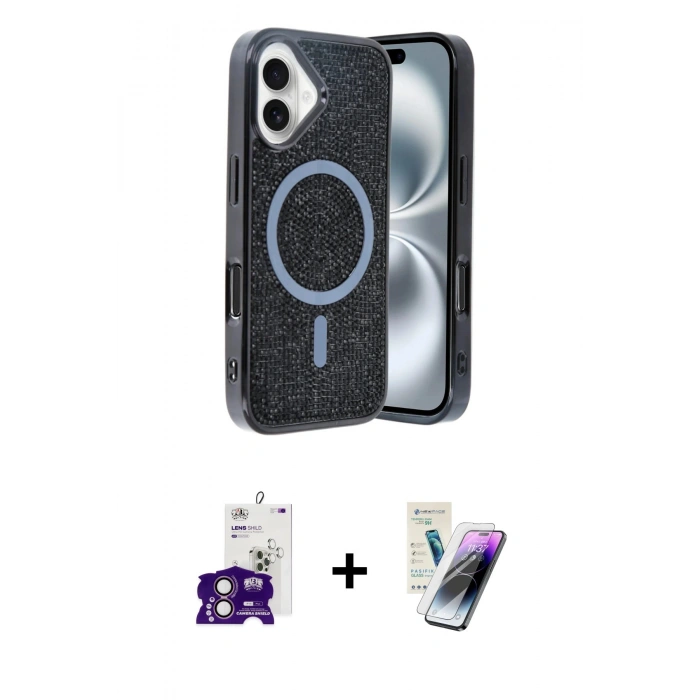 MARSİLYAN™- iPhone 16 Kılıf Eksen Çizgi - Şeffaf Pasifik Cam Ekran Koruyucu + Bilvis Titan Kamera Lens - PE