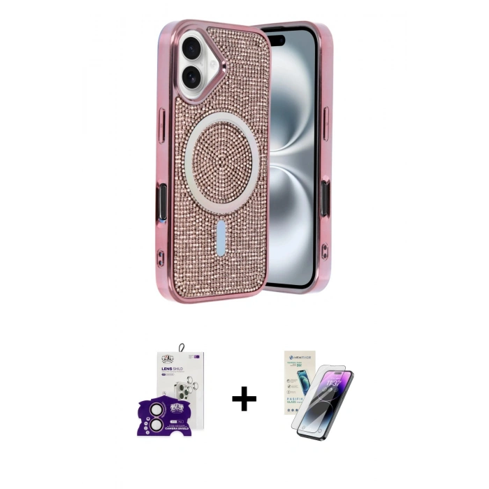 MARSİLYAN™- iPhone 16 Kılıf Eksen Çizgi - Şeffaf Pasifik Cam Ekran Koruyucu + Bilvis Titan Kamera Lens - PE