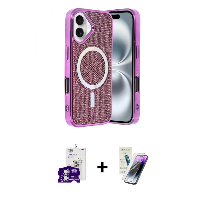 MARSİLYAN™- iPhone 16 Kılıf Eksen Çizgi - Şeffaf Pasifik Cam Ekran Koruyucu + Bilvis Titan Kamera Lens - GS