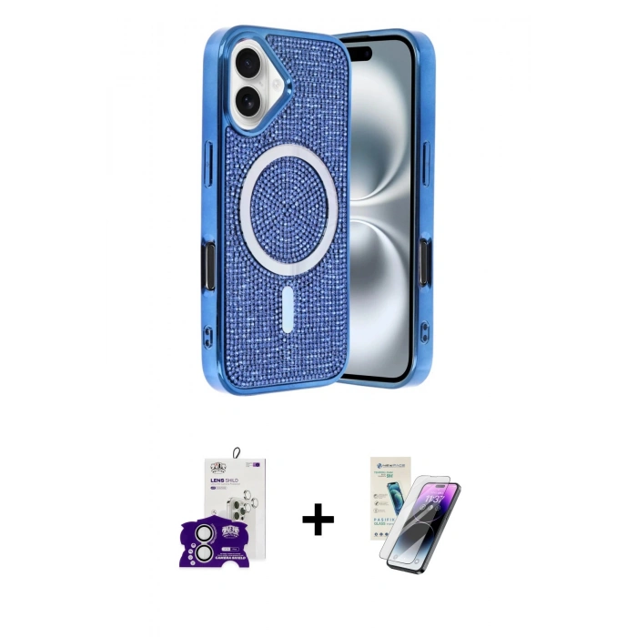 MARSİLYAN™- iPhone 16 Kılıf Eksen Çizgi - Şeffaf Pasifik Cam Ekran Koruyucu + Bilvis Titan Kamera Lens - GS