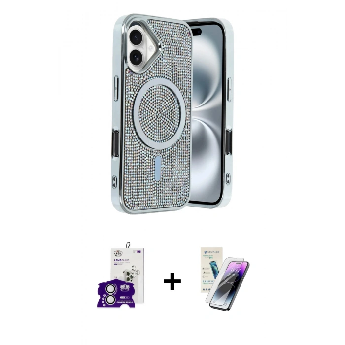 MARSİLYAN™- iPhone 16 Kılıf Eksen Çizgi - Şeffaf Pasifik Cam Ekran Koruyucu + Bilvis Titan Kamera Lens - GS