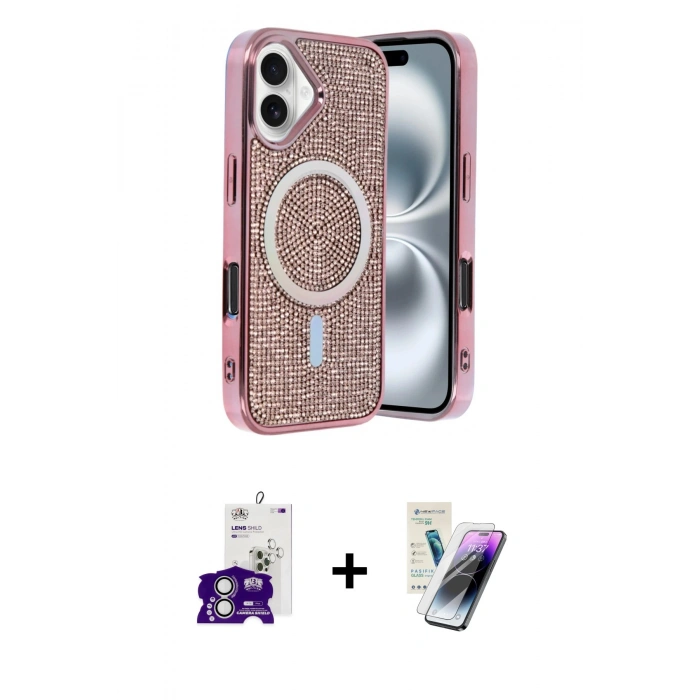 MARSİLYAN™- iPhone 16 Kılıf Eksen Çizgi - Şeffaf Pasifik Cam Ekran Koruyucu + Bilvis Titan Kamera Lens - GS