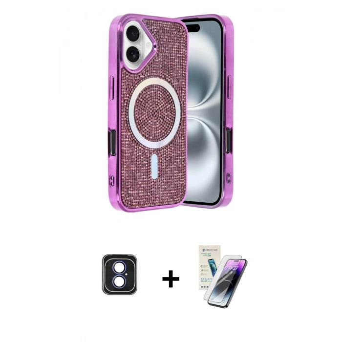 MARSİLYAN™- iPhone 16 Kılıf Eksen Çizgi - Şeffaf Pasifik Cam Ekran Koruyucu + PVD Metal Kamera Lens - MI
