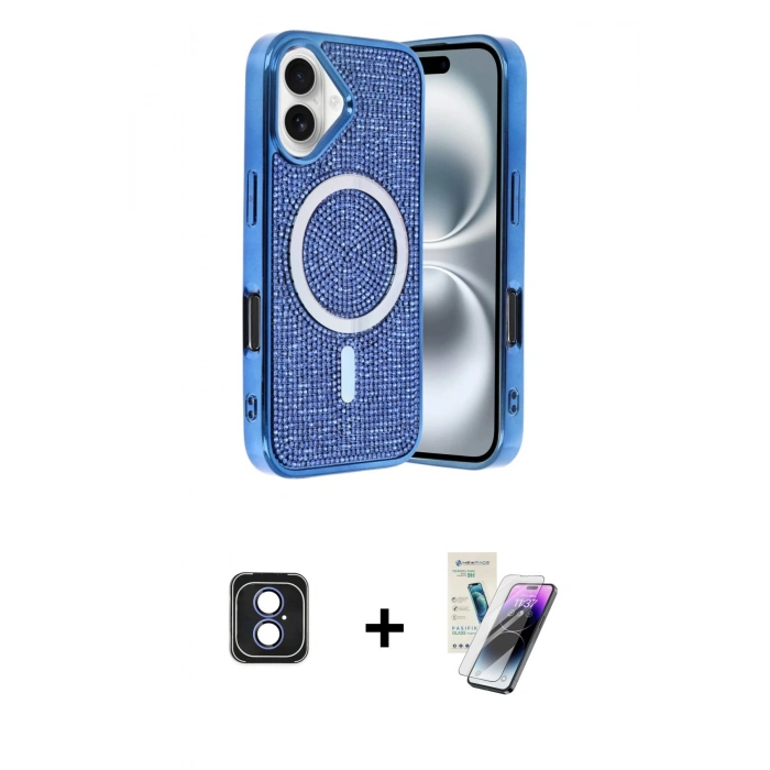 MARSİLYAN™- iPhone 16 Kılıf Eksen Çizgi - Şeffaf Pasifik Cam Ekran Koruyucu + PVD Metal Kamera Lens - MI
