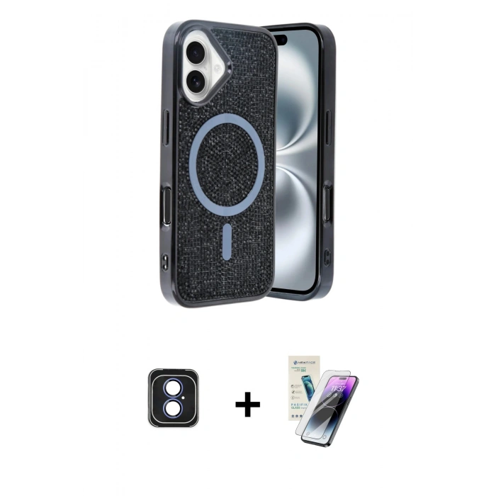 MARSİLYAN™- iPhone 16 Kılıf Eksen Çizgi - Şeffaf Pasifik Cam Ekran Koruyucu + PVD Metal Kamera Lens - MI