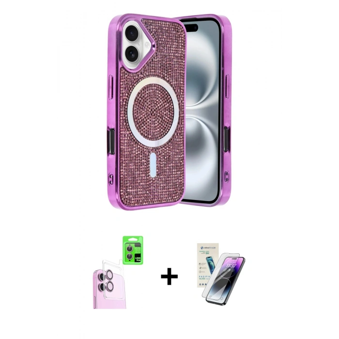 MARSİLYAN™- iPhone 16 Kılıf Eksen Çizgi - Şeffaf Pasifik Cam Ekran Koruyucu + Raze Metal Kamera Lens - PE