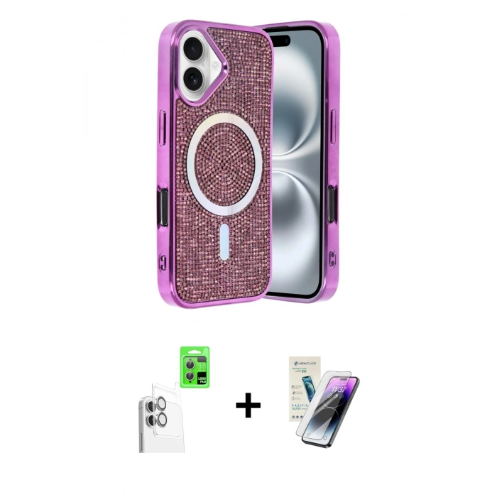 MARSİLYAN™- iPhone 16 Kılıf Eksen Çizgi - Şeffaf Pasifik Cam Ekran Koruyucu + Raze Metal Kamera Lens - BZ