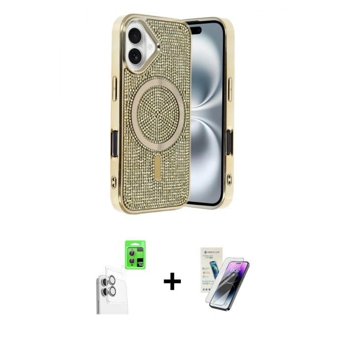 MARSİLYAN™- iPhone 16 Kılıf Eksen Çizgi - Şeffaf Pasifik Cam Ekran Koruyucu + Raze Metal Kamera Lens - BZ