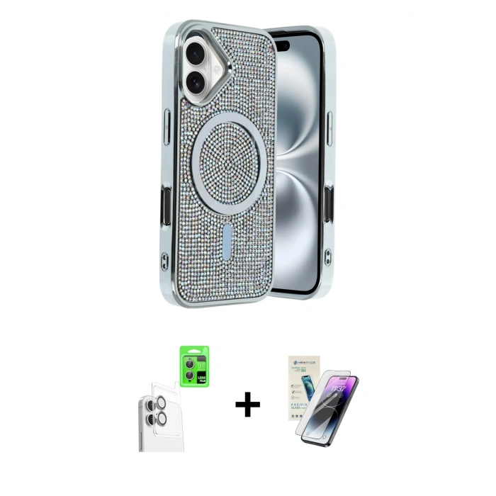 MARSİLYAN™- iPhone 16 Kılıf Eksen Çizgi - Şeffaf Pasifik Cam Ekran Koruyucu + Raze Metal Kamera Lens - BZ