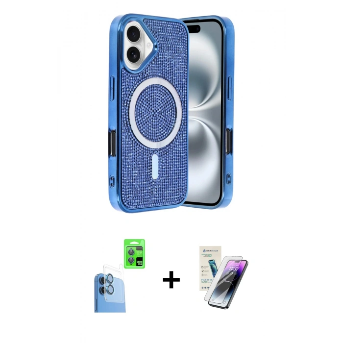 MARSİLYAN™- iPhone 16 Kılıf Eksen Çizgi - Şeffaf Pasifik Cam Ekran Koruyucu + Raze Metal Kamera Lens - LT