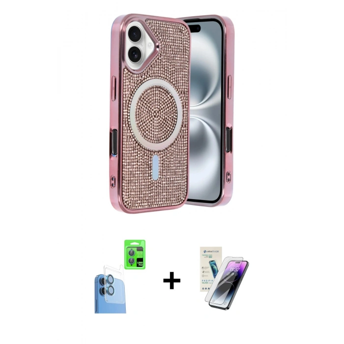 MARSİLYAN™- iPhone 16 Kılıf Eksen Çizgi - Şeffaf Pasifik Cam Ekran Koruyucu + Raze Metal Kamera Lens - LT