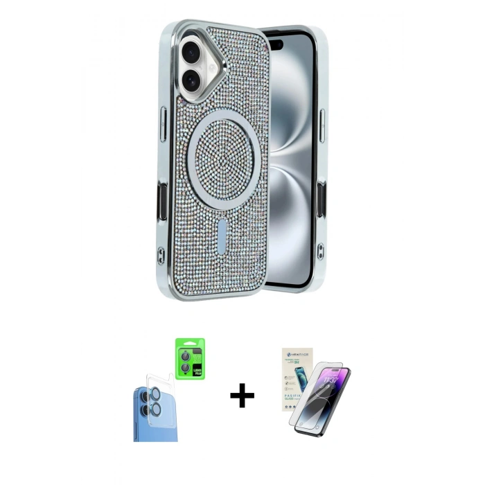 MARSİLYAN™- iPhone 16 Kılıf Eksen Çizgi - Şeffaf Pasifik Cam Ekran Koruyucu + Raze Metal Kamera Lens - LT