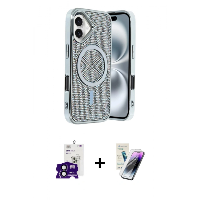 MARSİLYAN™- iPhone 16 Kılıf Eksen Çizgi - Şeffaf Pasifik Cam Ekran Koruyucu + Siyah Bilvis Titan Kamera Lens
