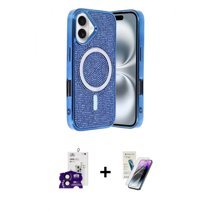 MARSİLYAN™- iPhone 16 Kılıf Eksen Çizgi - Şeffaf Pasifik Cam Ekran Koruyucu + Siyah Bilvis Titan Kamera Lens