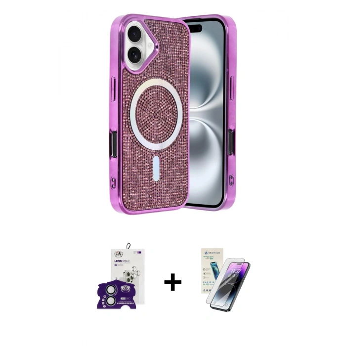 MARSİLYAN™- iPhone 16 Kılıf Eksen Çizgi - Şeffaf Pasifik Cam Ekran Koruyucu + Bilvis Titan Kamera Lens - YL