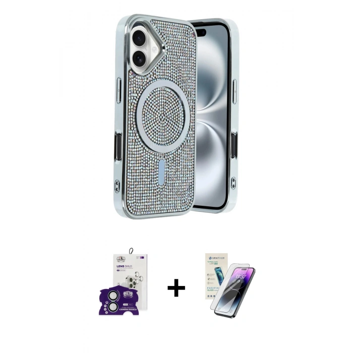 MARSİLYAN™- iPhone 16 Kılıf Eksen Çizgi - Şeffaf Pasifik Cam Ekran Koruyucu + Bilvis Titan Kamera Lens - YL