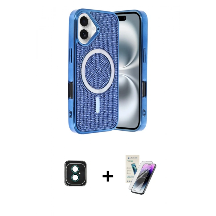 MARSİLYAN™- iPhone 16 Kılıf Eksen Çizgi - Şeffaf Pasifik Cam Ekran Koruyucu + PVD Metal Kamera Lens - YL