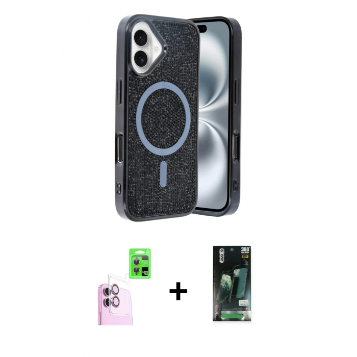 MARSİLYAN™- iPhone 16 Kılıf Eksen Çizgi - Siyah 360 Mat Full Body Arka Koruyucu + Raze Metal Kamera Lens - PE